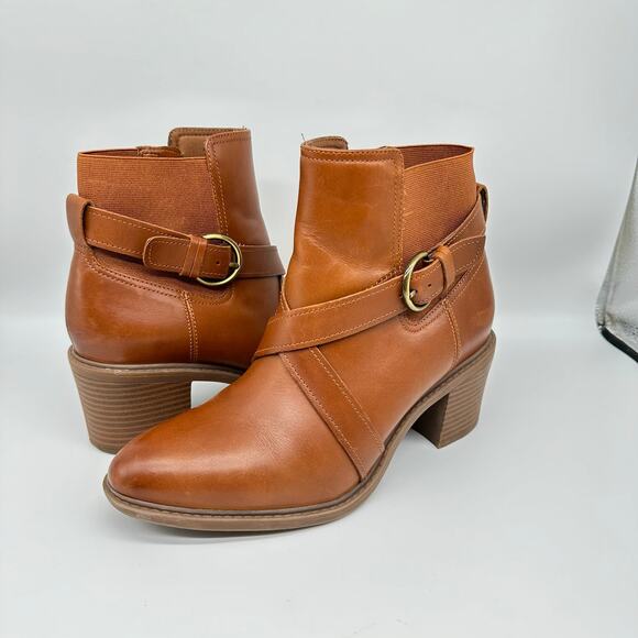 Clarks Brown Leather and Fabric Criss Cross Buckle Ankle Boots Womens Size 9.5 - Picture 1 of 14